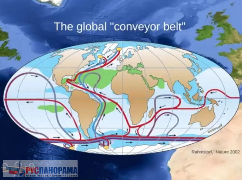 Карта глобальных течений, поддерживающих климат планеты (AMOC) 